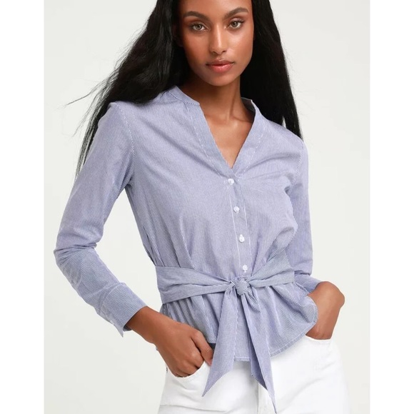 BB Dakota Tops - BB Dakota Top Blue Stripe Long Sleeve Tie Waist
